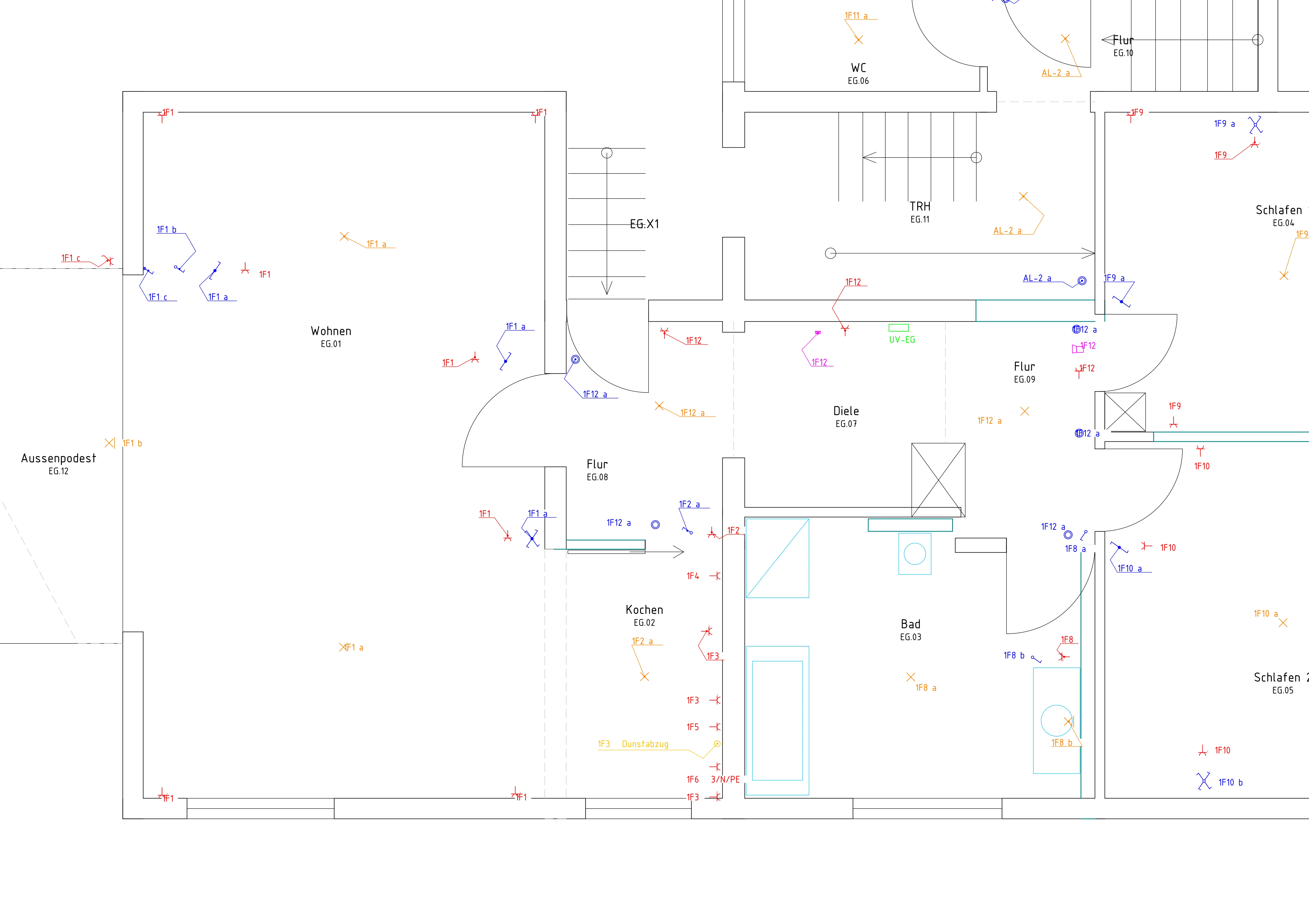 Ausschnitt Elektro-Installationsplan Maßstab 1:25 nach DIN 18015
