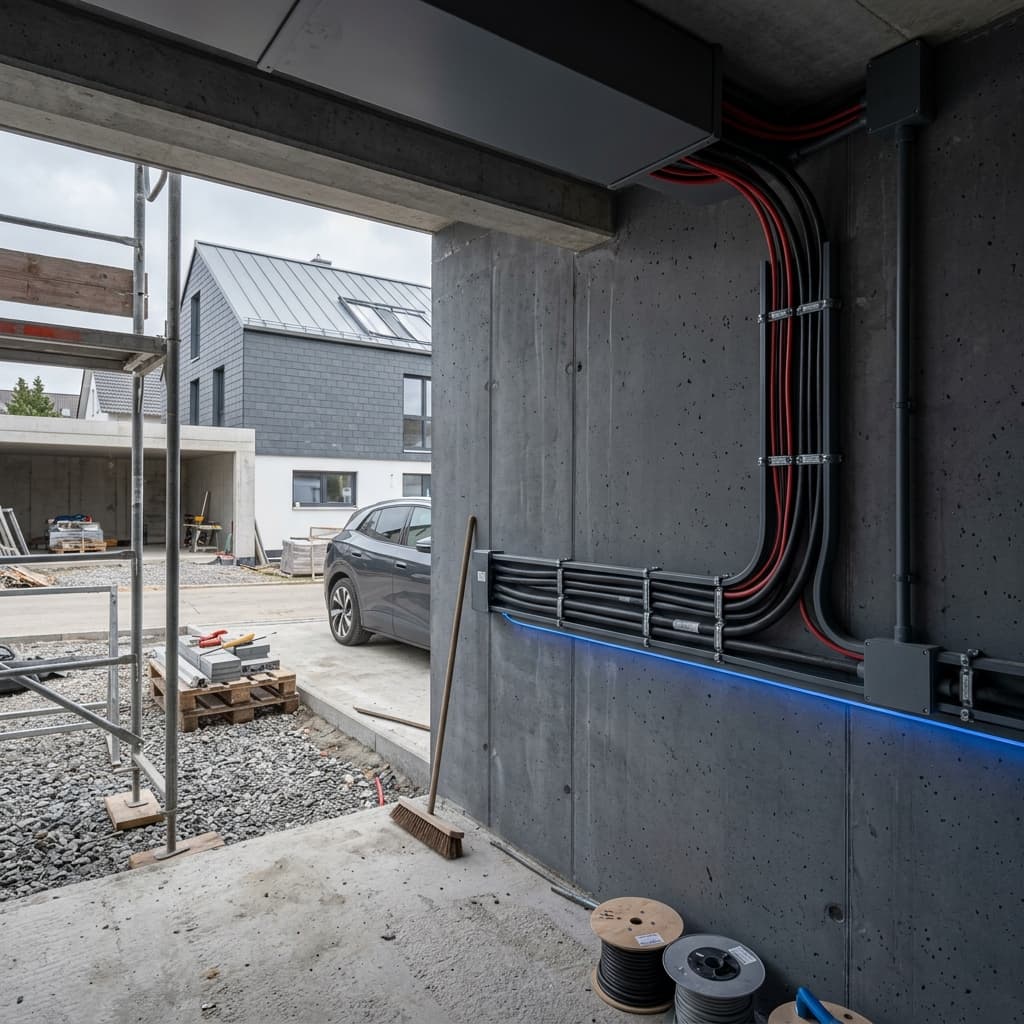 Kabeltrasse an einer Betonwand im Rohbau, davor Kabeltrommeln auf der Baustelle